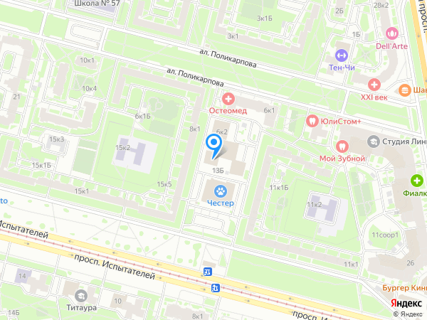 Сеть стоматологических клиник УНИ ДЕНТ по адресу аллея Поликарпова, д. 6, корп. 2 на карте