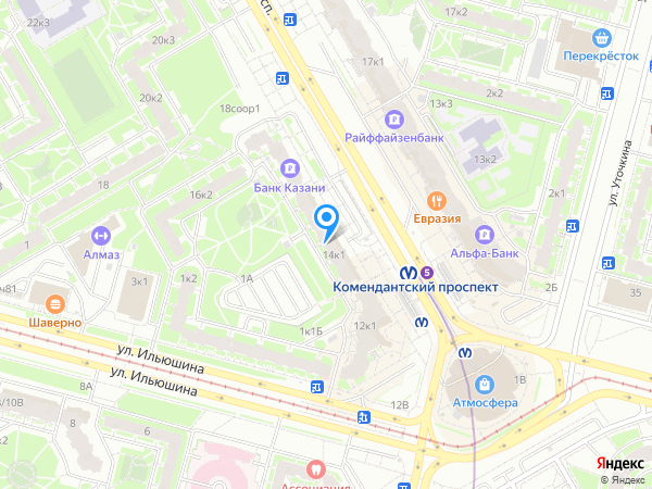 Югра по адресу Комендантский просп., д. 14, корп. 1 на карте