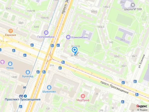Русский Стандарт по адресу просп. Просвещения, д. 36/141, лит. А на карте