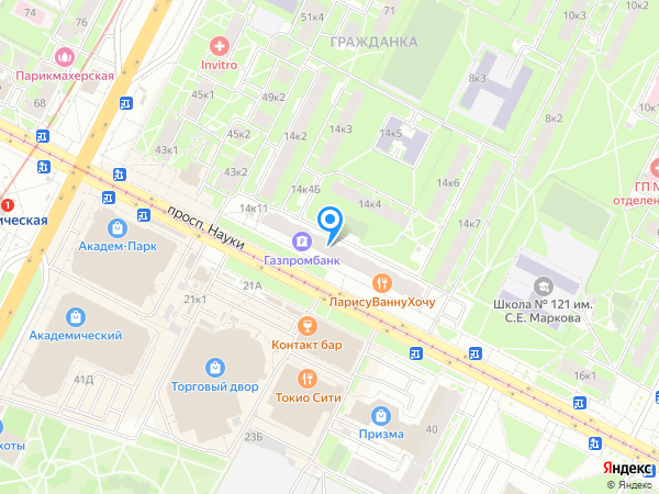 Банк «Советский» по адресу просп. Науки, д. 14, корп. 1 на карте