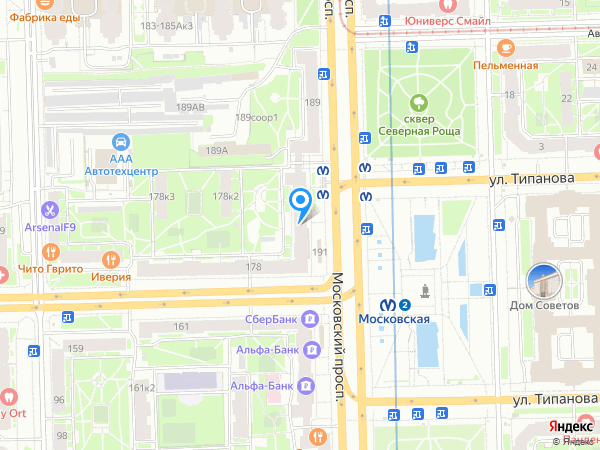 Запсибкомбанк по адресу Московский просп., д. 191, лит. А на карте